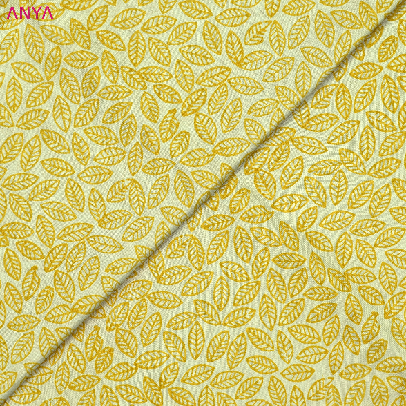 Off White Kanchi Silk Printed Fabric with Mustard Leaf Printed Design