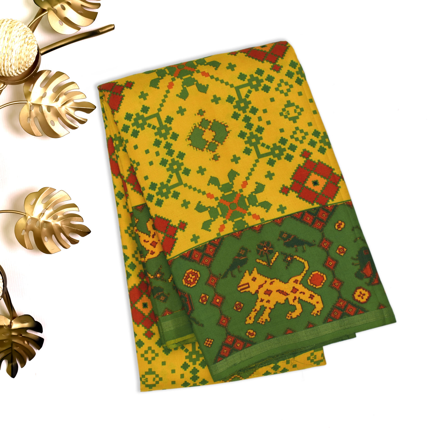 Mustard Printed Kanchi Silk Saree with Patola Print Design