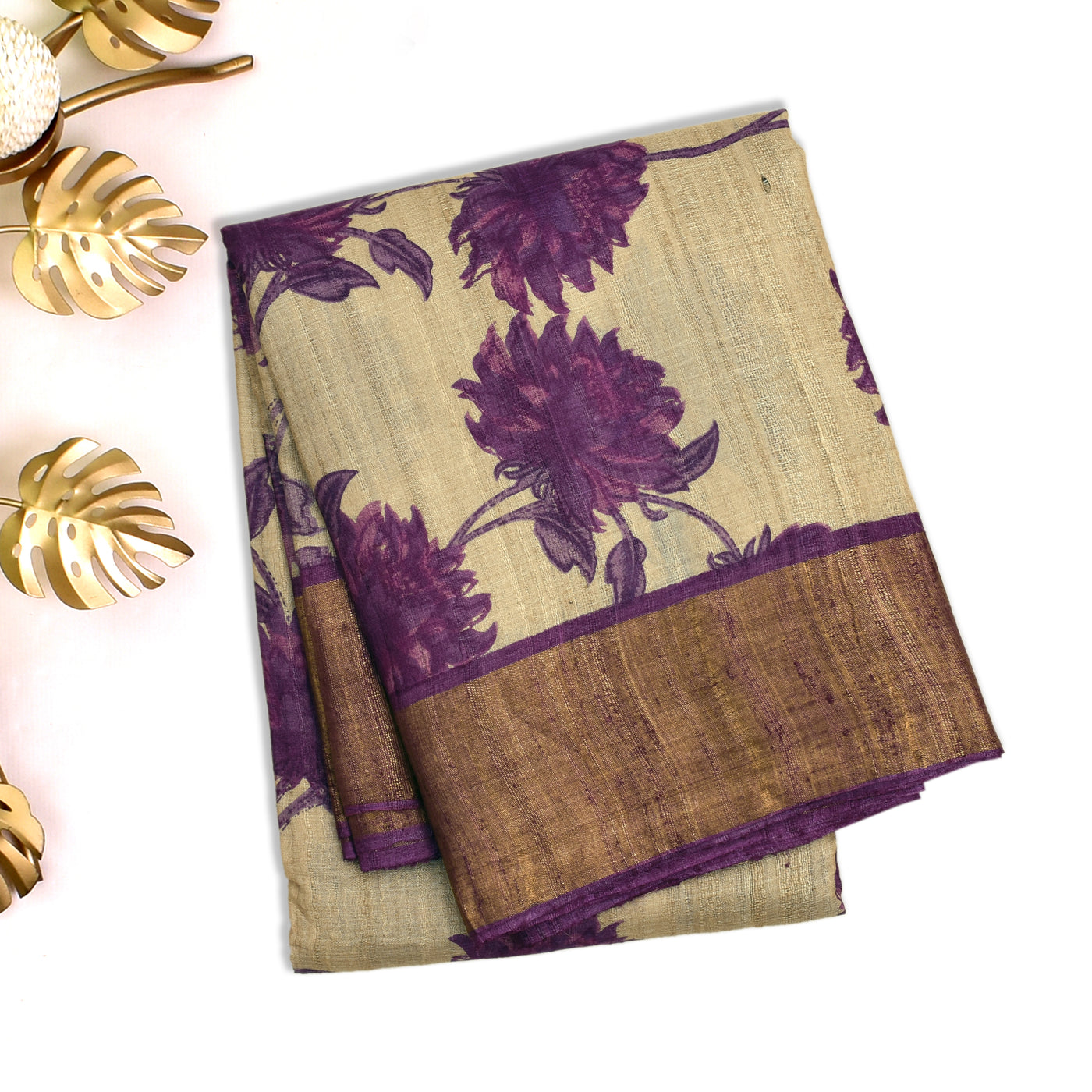 Off White Tussar Silk Saree with Big Flower Printed Design