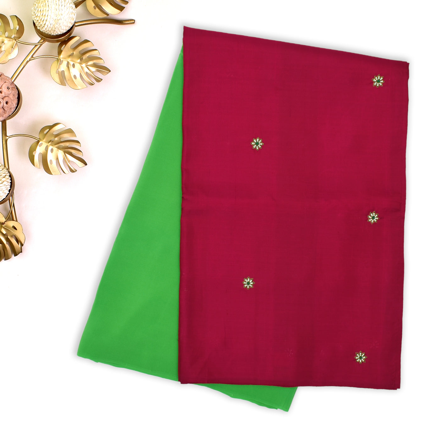 Red Pearl Work Kanchi Silk with Parrot Green Crepe Half & Half Saree