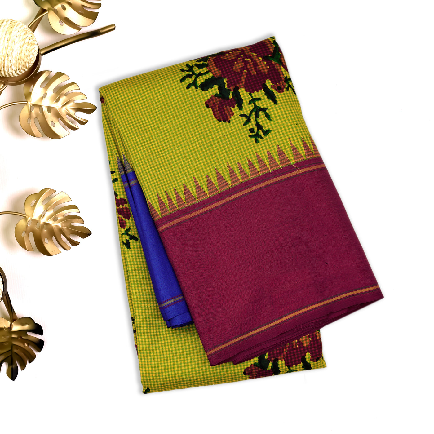 Samangha Green Printed Kanchi Silk Saree with Small Checked Floral Design