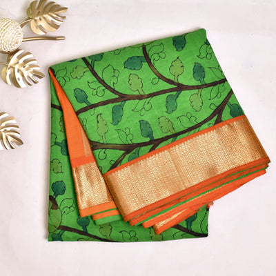 green-pen-kalamkari-kanchi-silk-saree-with-orange-blouse