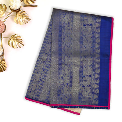 Cream Zari Checked Tussar Silk Saree with MS Blue Kanchi Pallu