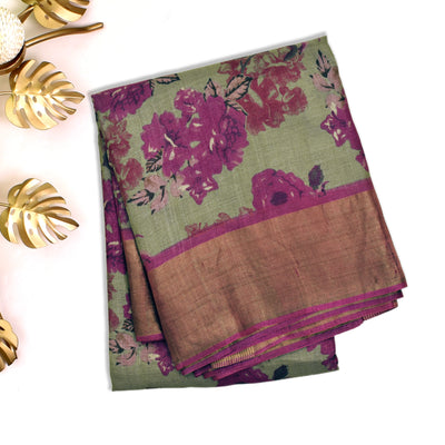 Apple Green Tussar Silk Saree with Big Floral Printed Design