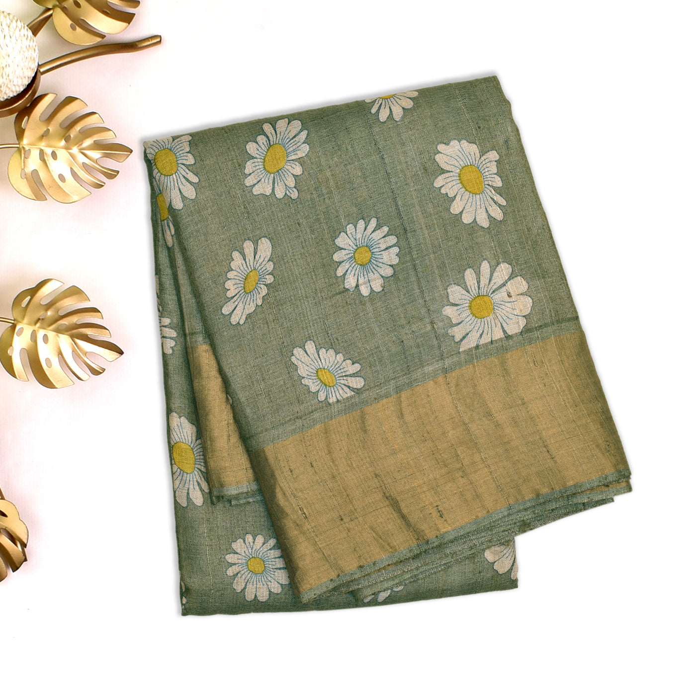 Olive Green Tussar Silk Saree with Floral Printed Design