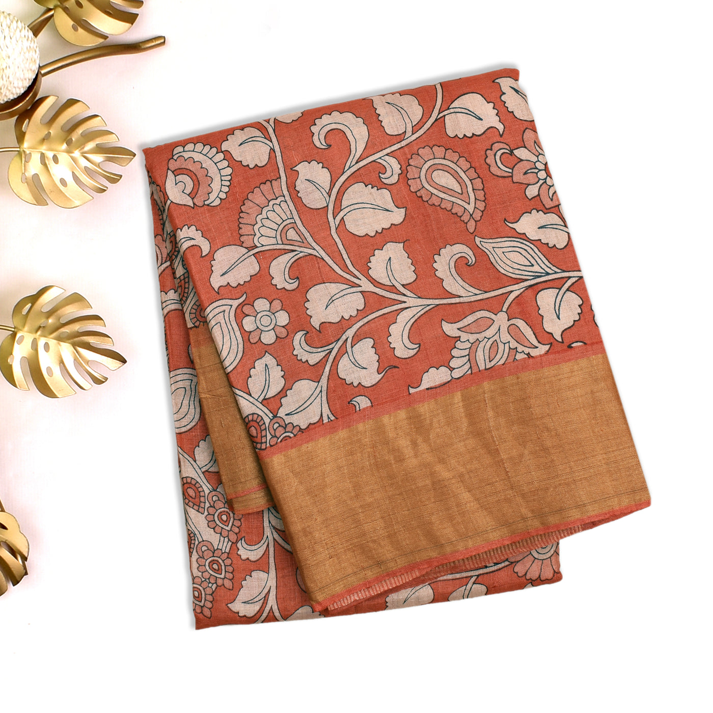 Rust Tussar Silk Saree with Kalamkari Printed Design
