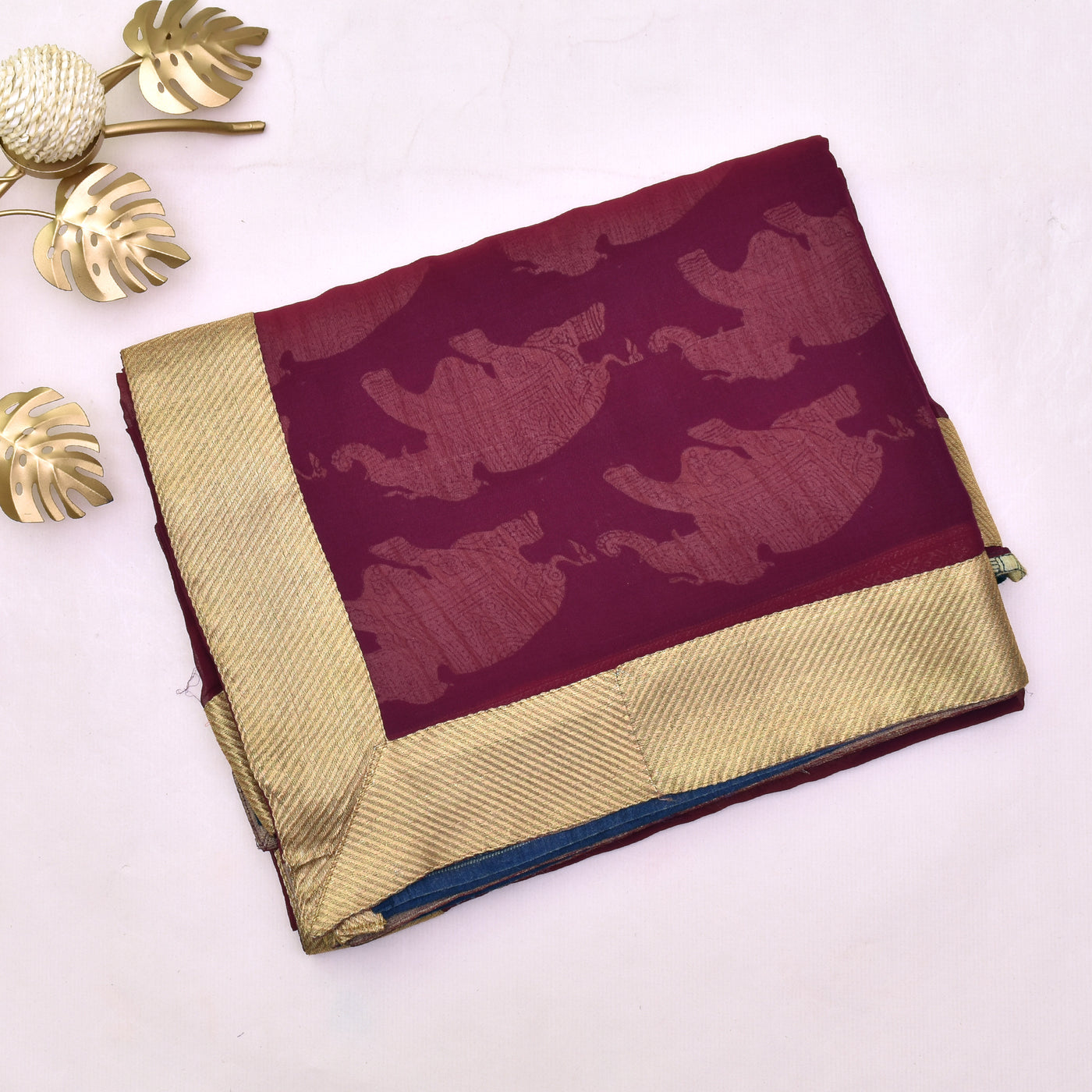 maroon-georgette-with-blue-cotton-frill-saree-with-raw-silk-blouse