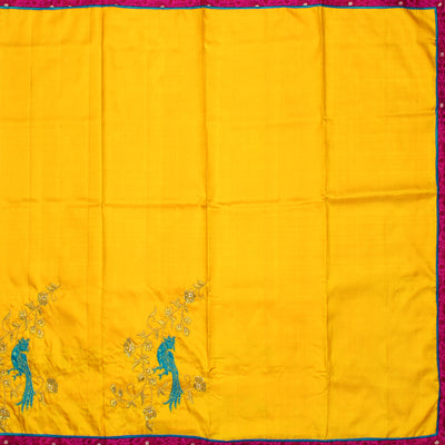 mustard-kanchi-silk-saree-with-turquoise-kanchi-silk-peacock-applique-design-with-floral-embroidery-design-and-rose-banarasi-silk-border-with-blouse