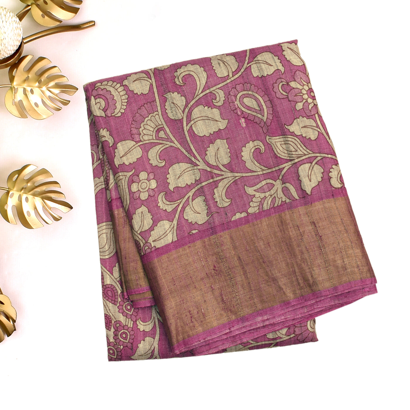 Pink Tussar Silk Saree with Kalamkari Print Design