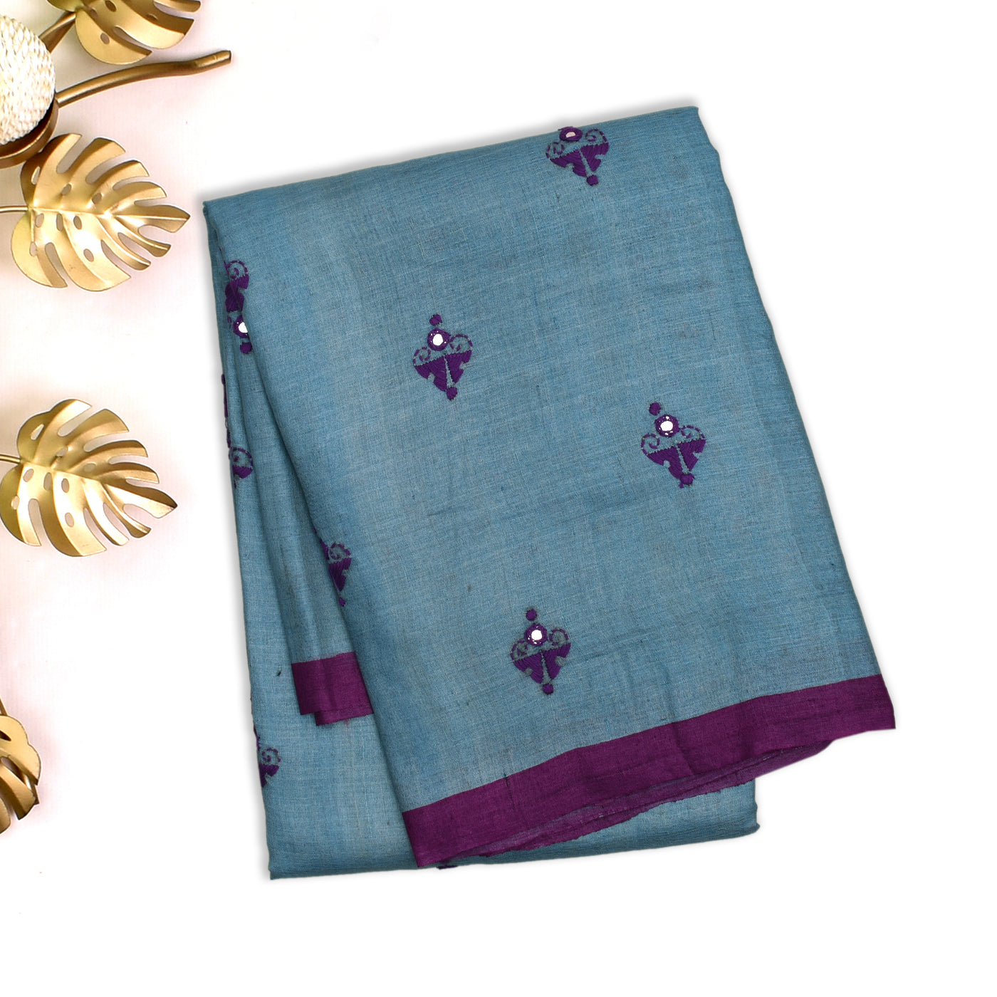 Blue Tussar Silk Saree with Kantha Work Design
