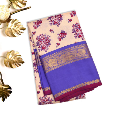 Off White Printed Kanchipuram Silk Saree with Blue Seer Pallu Design