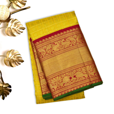 Mustard Kanchipuram Silk Saree with Red Getti Self Pallu