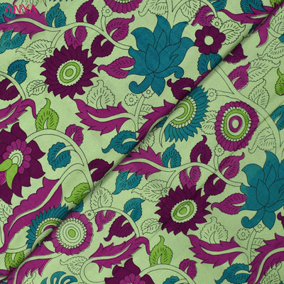 Apple Green Kanchi Discharge Printed Silk Fabric with Kalamkari Print Design