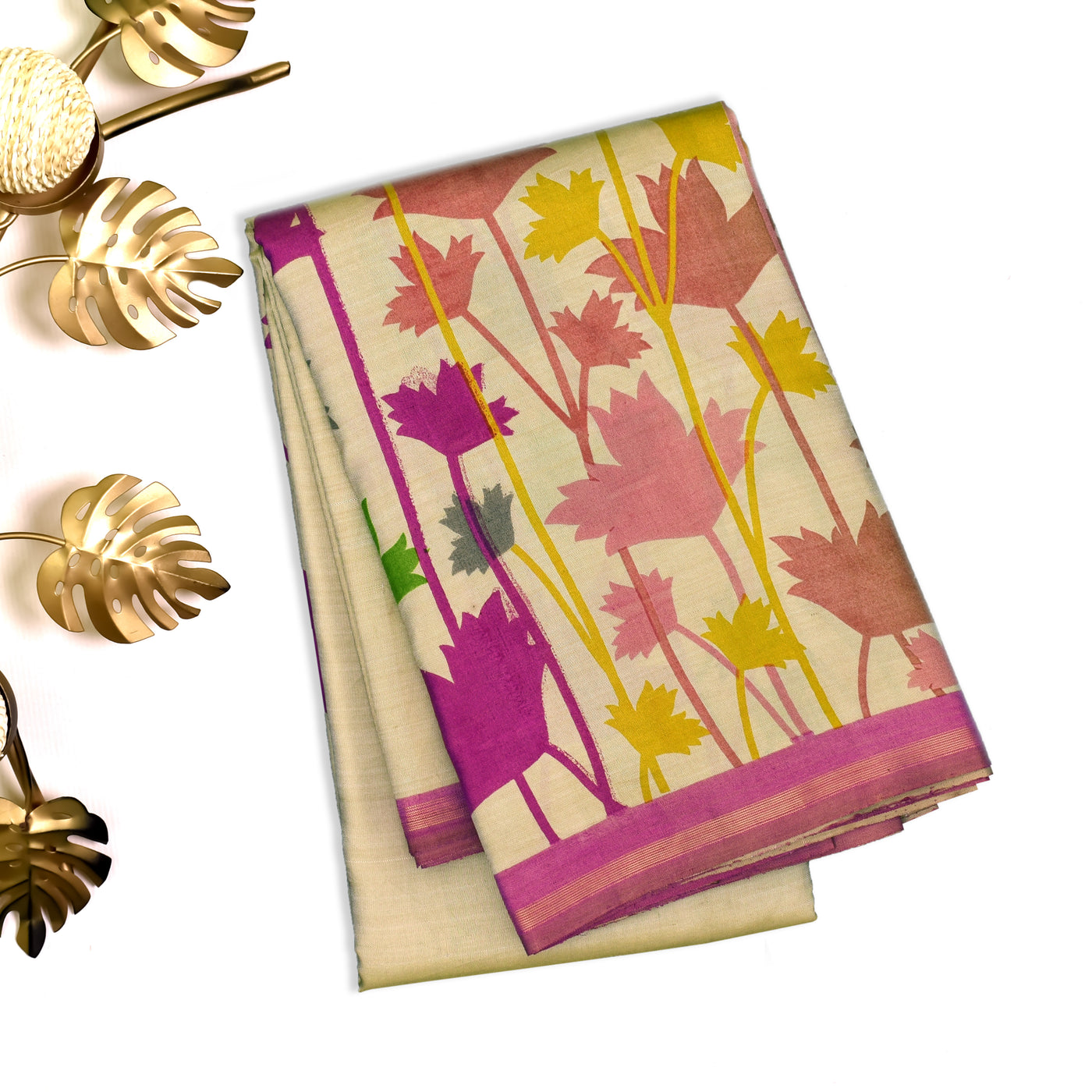 Off White Printed Kanchi Silk Saree with Floral Printed Design
