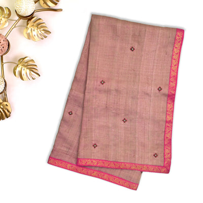Onion Pink Printed Tussar Silk Saree with Embroidery Pallu