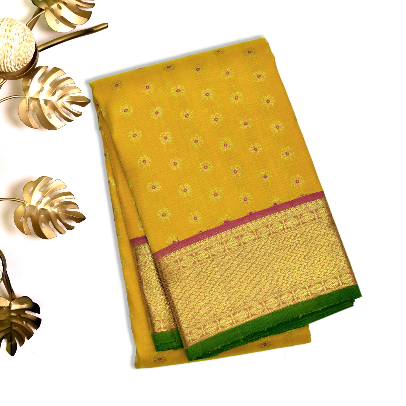 Mustard Kanchipuram Silk Saree with Kamalam Butta Design