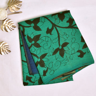 turquoise-green-pen-kalamkari-kanchi-silk-saree-with-ms-blue-blouse