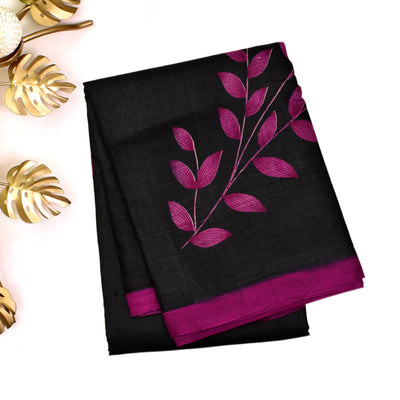 Black Tussar Silk Saree with Leaf Printed Design
