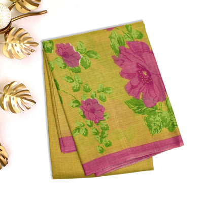 Mustard Tussar Printed Saree with Half and Half Pallu Design