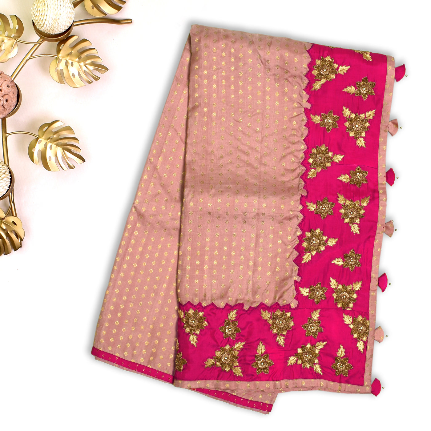 Onion Pink Embroidery Silk Saree
