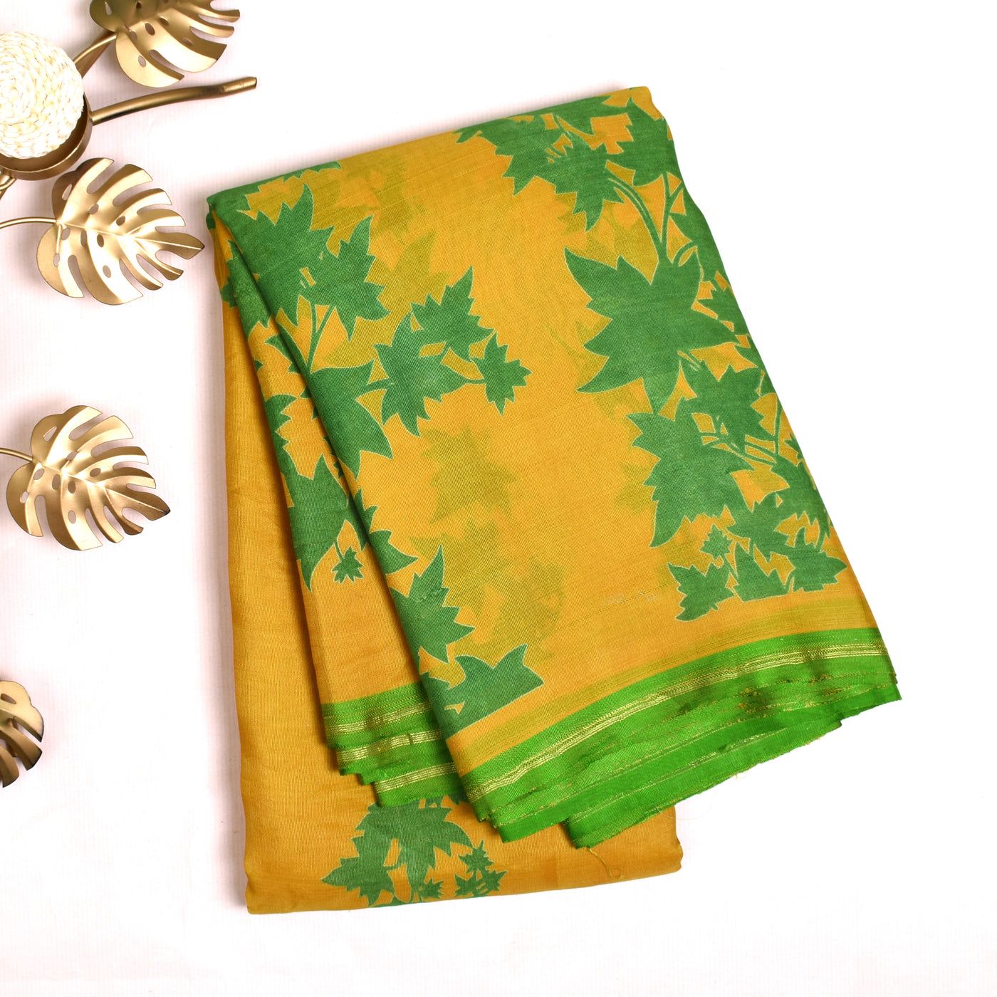Mustard Printed Organza Kanchi Silk Saree with Green Blouse