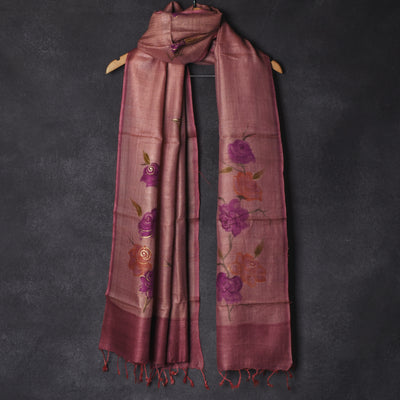 Onion Pink Tussar Silk Dupatta with Floral Printed Design