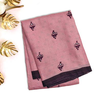Baby Pink Tussar Silk Saree with Small Print Mirror Design