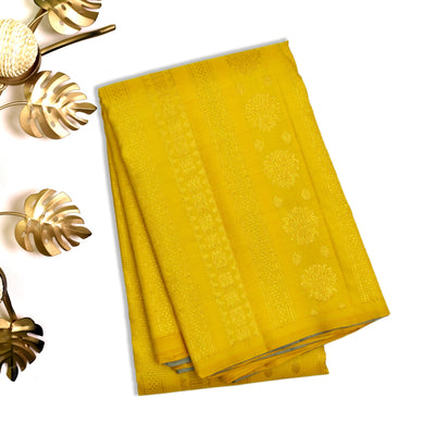 Mustard Kanchipuram Silk Saree with Zari Lines Flower Design