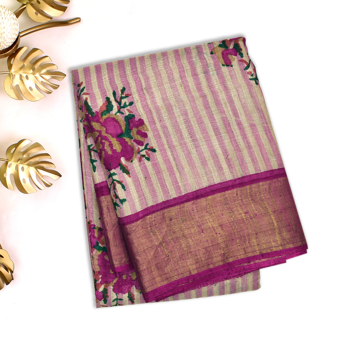 Off White Tussar Silk Saree with Stripes and Floral Printed Design