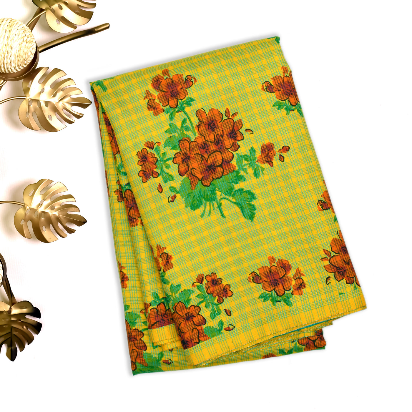 Mustard Printed Kanchipuram Silk Saree with Floral Printed Design