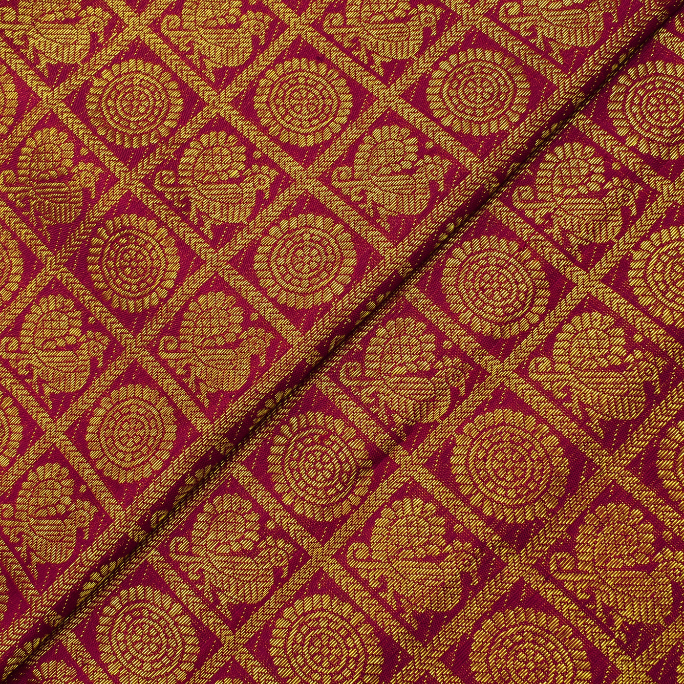 Red Zari Kattam Annapakshi Mayil Chakram Kanchi Silk Fabric (4591770763377)