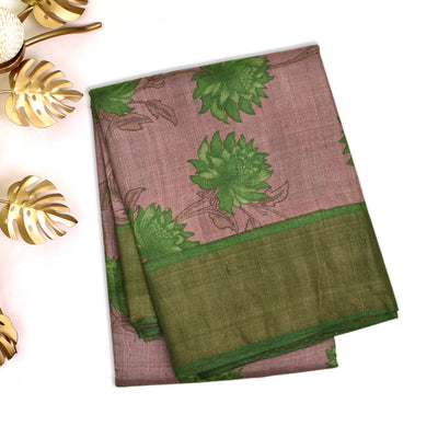 Onion Pink Tussar Silk Saree with Big Flower Printed Design
