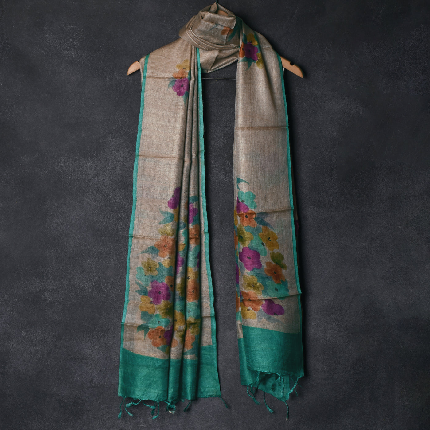 Off White Tussar Silk Dupatta with Floral Printed Design