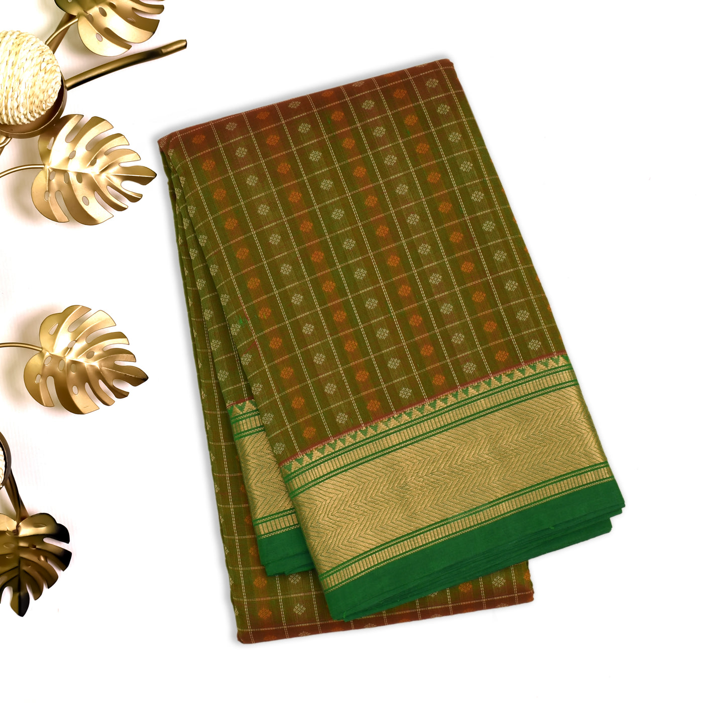 Dual Tone Green Kanchi Cotton Saree with Kattam Butta Design