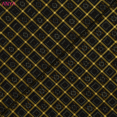 Black Ikkat Silk Fabric with Zari Checks Design