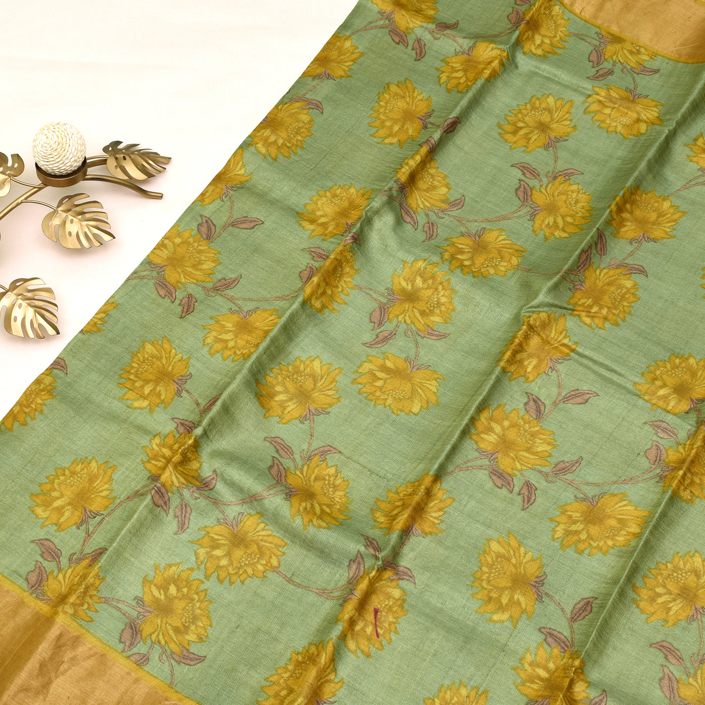 Apple Green Tussar Printed Saree with Floral Design