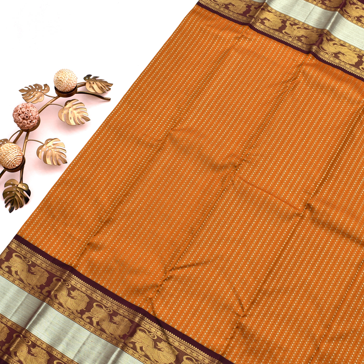 Orange Kanchipuram Silk Saree with Square Dot Design