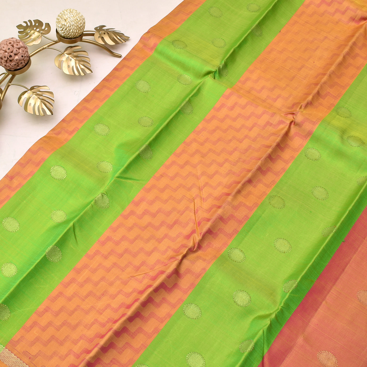 Avacado Green With Peach Orange Kanchi Silk Saree With Peach Orange Blouse (6601165766769)