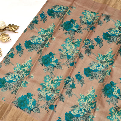 Onion Pink Tussar Printed Saree with floral design 