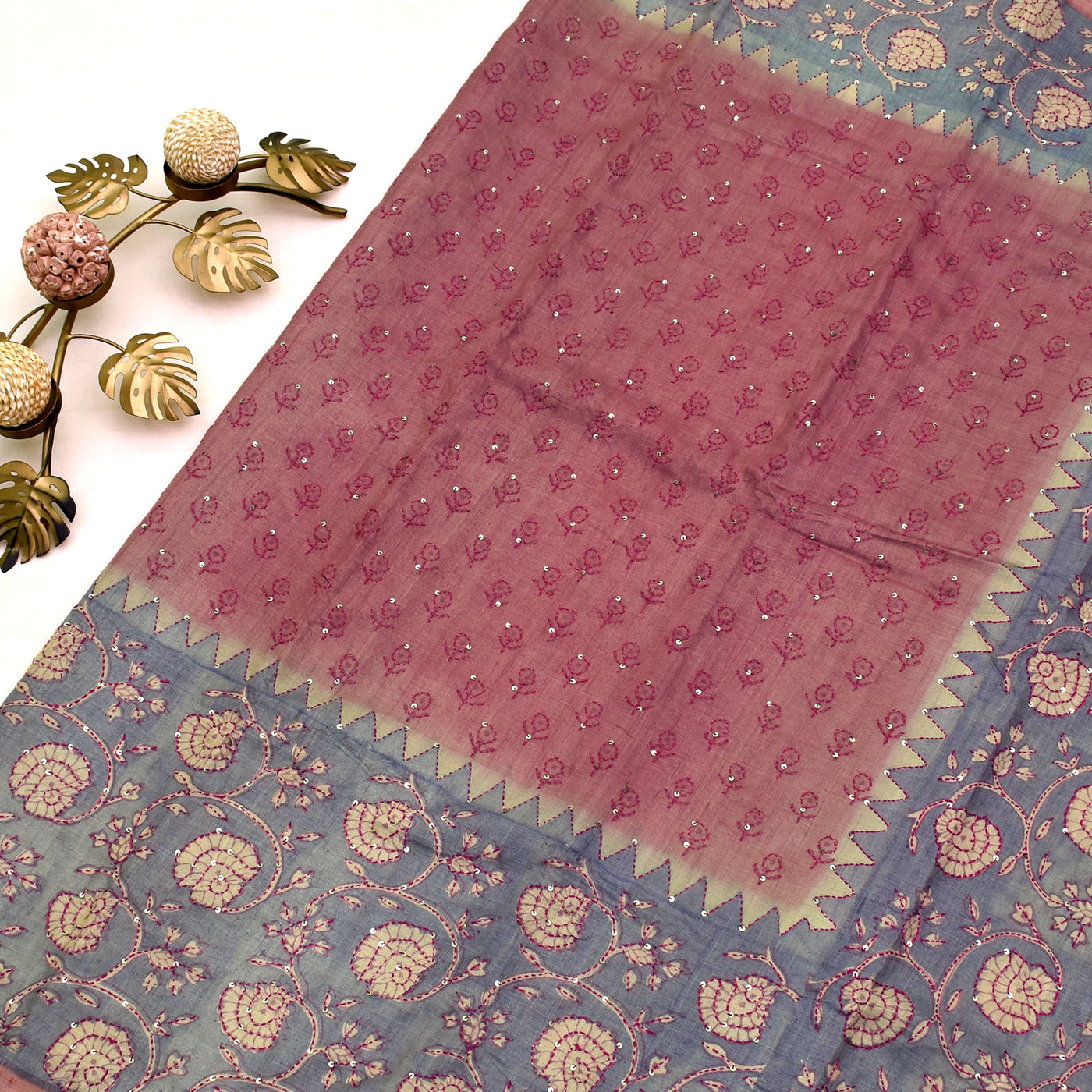 Onion Pink Tussar Silk Saree with Kantha Work Sequence Design