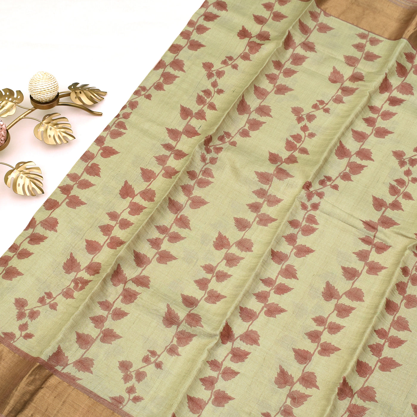 Off White Tussar Printed Saree with Leaf Creeper Design