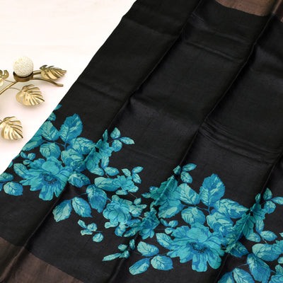 Black tussar silk saree with blue leaf print design
