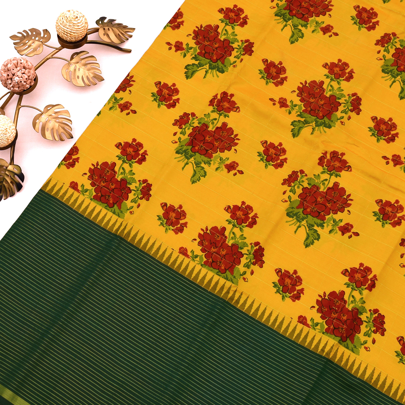 Mustard Printed Kanchipuram Silk Saree with Floral Printed Design