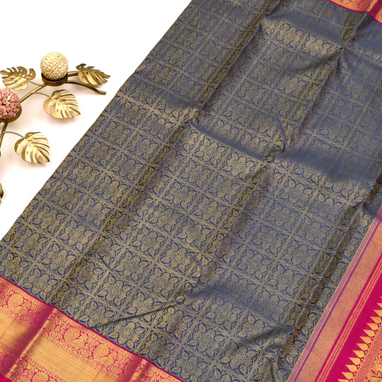 GREY BLUE KANCHI SILK SAREE WITH GETTI SELF DESIGN