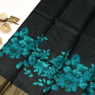 Black Tussar Silk Saree with Blue Leaf Design