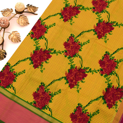 Oil Mustard Printed Kanchi Silk Saree with Floral Printed Design