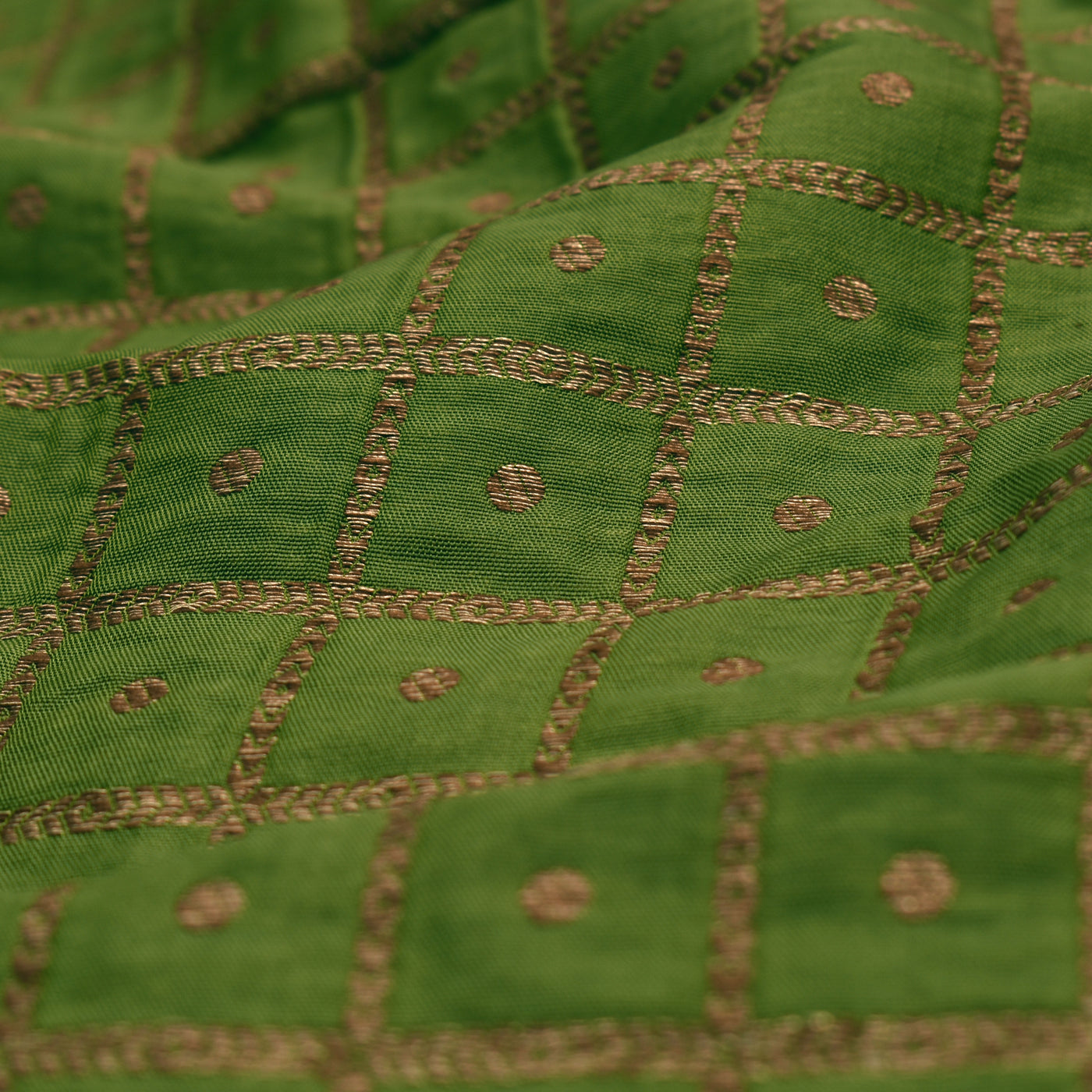 Chutney Green Banarasi Silk Fabric with Zari Checks Dots Design