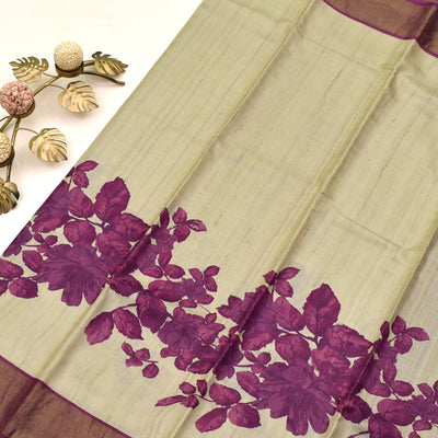 Off White Tussar Printed Saree with Magenta floral design