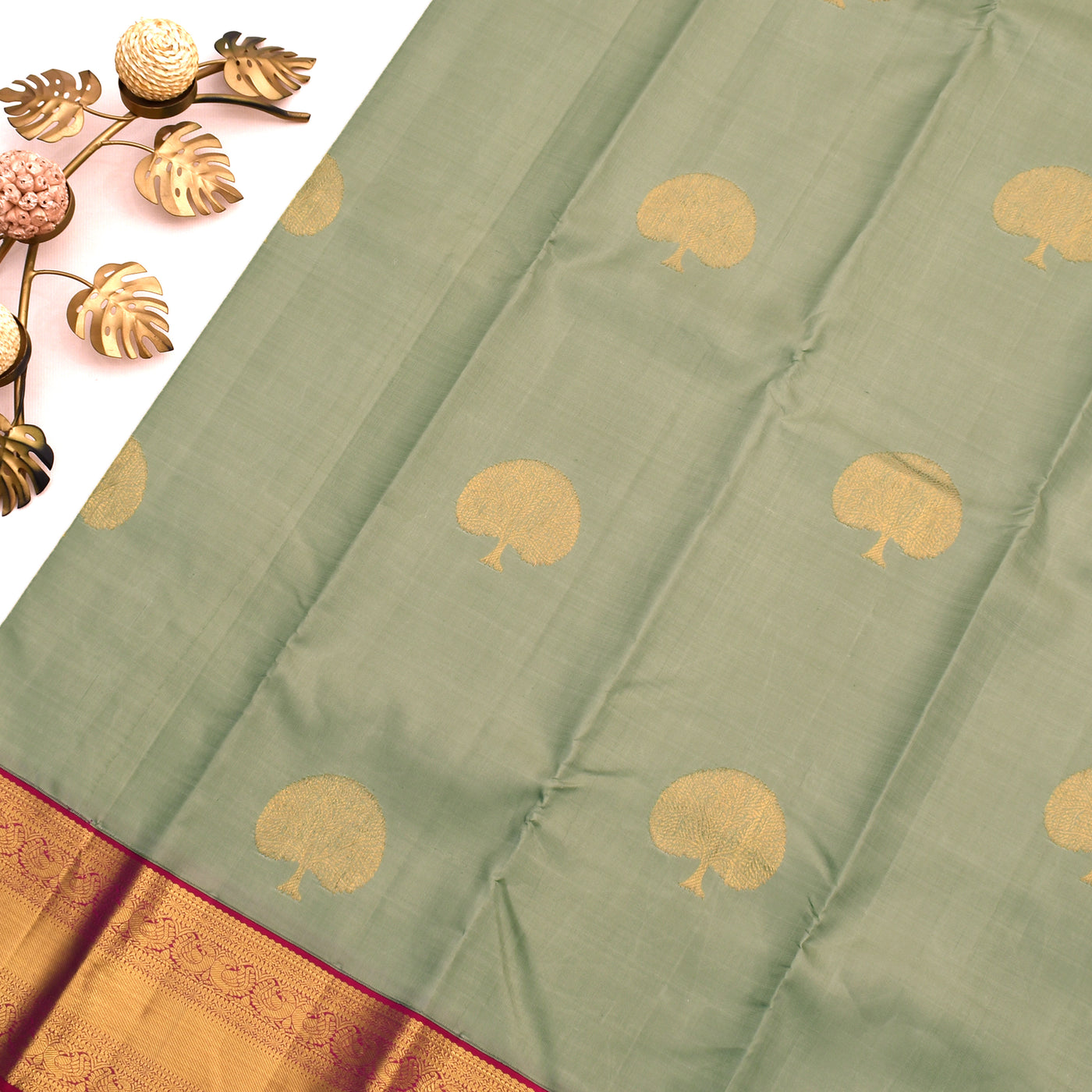 Off White Kanchipuram Silk Saree with Tree Butta Design