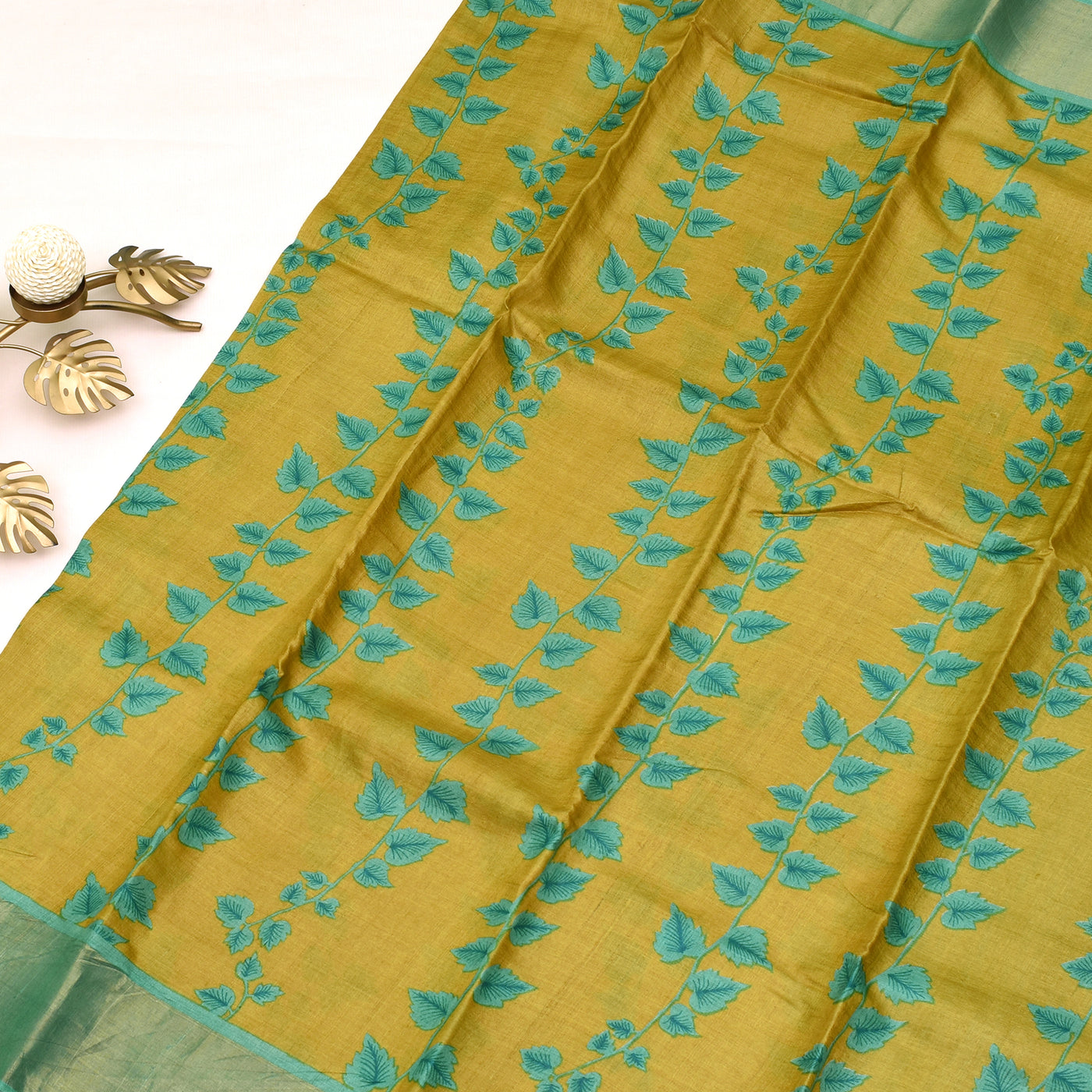 Tussar Printed Saree with blue leaf design